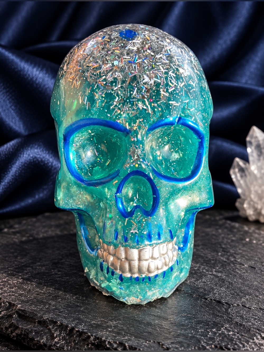 Emotional healing and clarity skull-blue and silver handmade